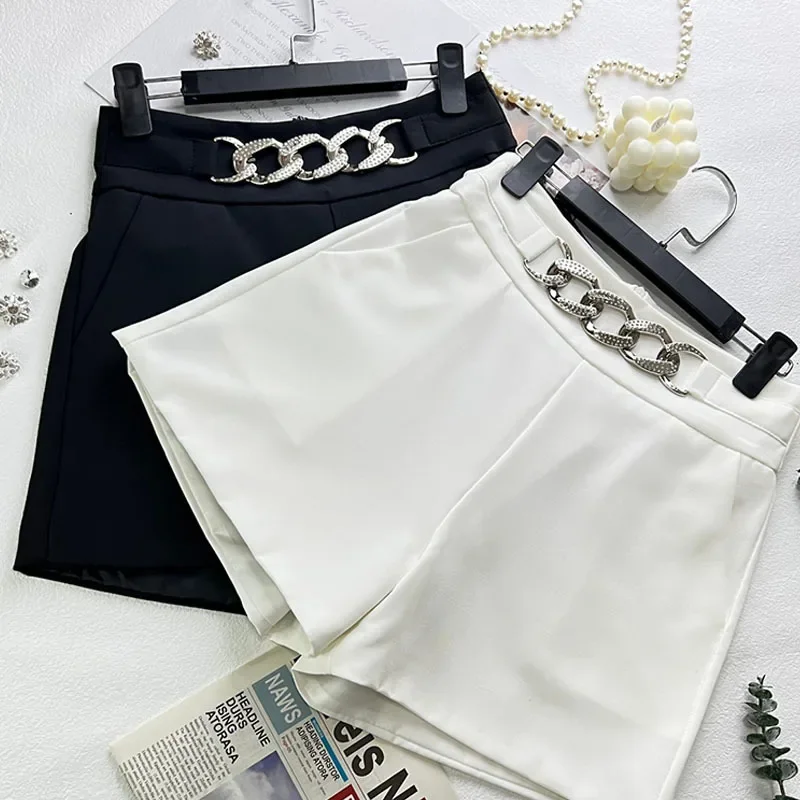 2023 New rhinestone Spring Autumn Women Shorts High Waist Solid Color Office Lady Short-Pants Female Fashion Zipper Up Buttom