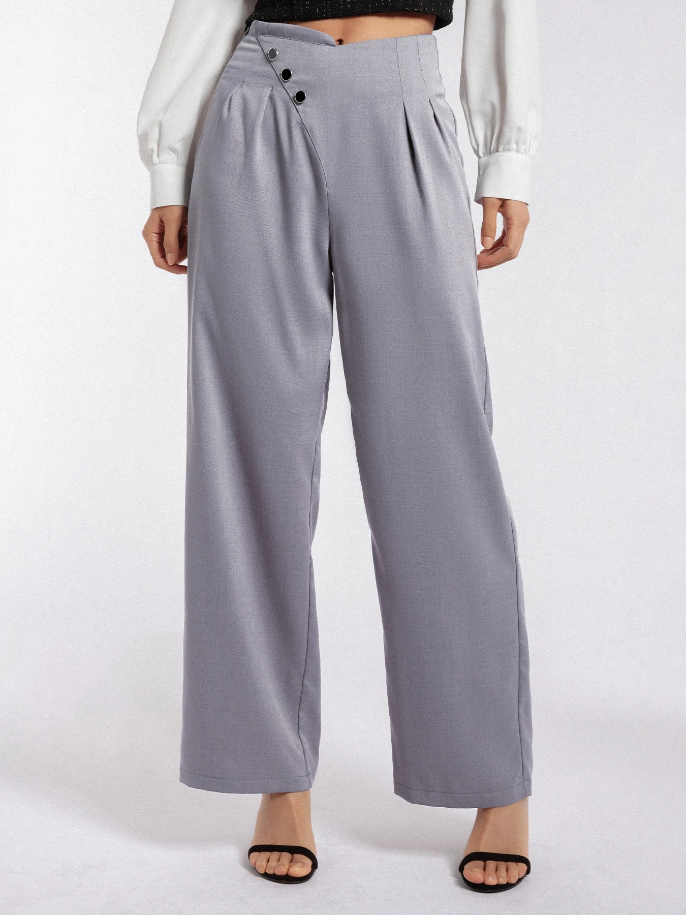 

Ladies High Waist Wide Leg Pants Button Decorated Commute Trousers Drapey Casual Suit Pants