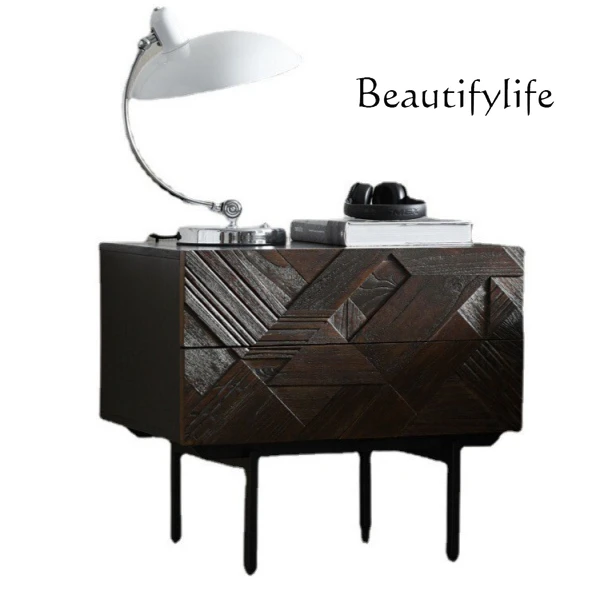 

Nordic modern wabi-sandy wind solid wood hand-carved bedside light luxury retro medieval style double pumping storage cabinet