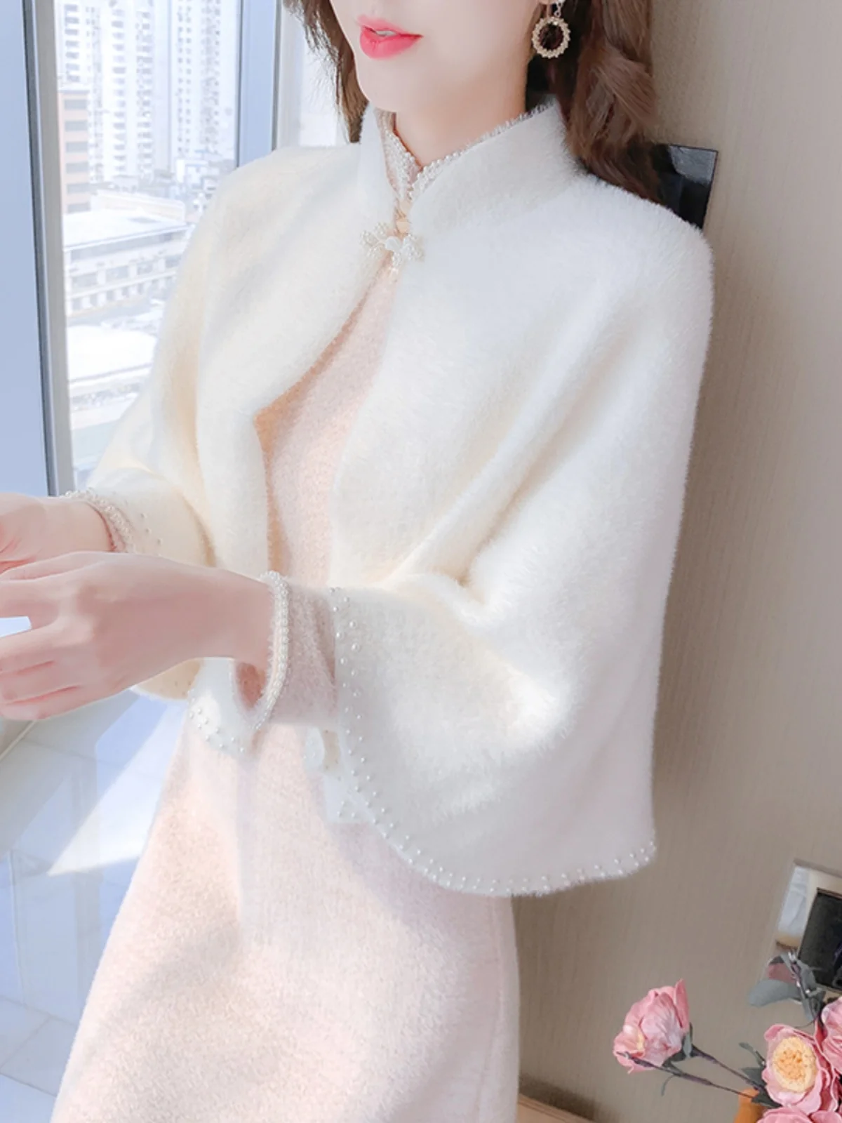 

Retro Sle White Little Fraance Sle Coat over Open Cardigan awl ort Thiened Winter New Arrival