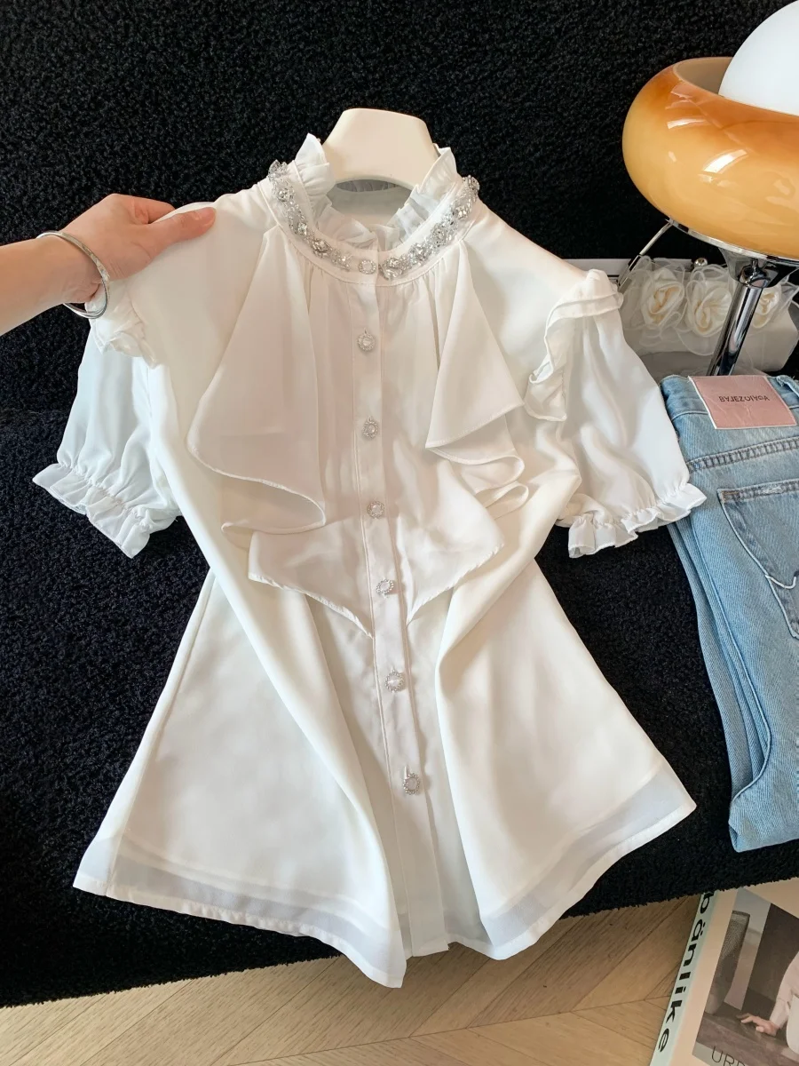 

Cherry Blossom Pink Lace Bubble Sleeve Shirt Women's Summer New Style Button Drill Hem Short Sleeve Top Wooden Trim