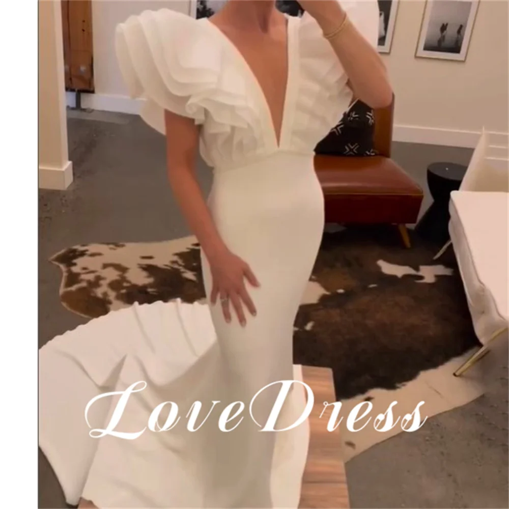 Charmoso decote em v profundo pregas mangas voadoras mancha vestido de casamento elegante sereia até o chão para mulheres trem varredura personalizado