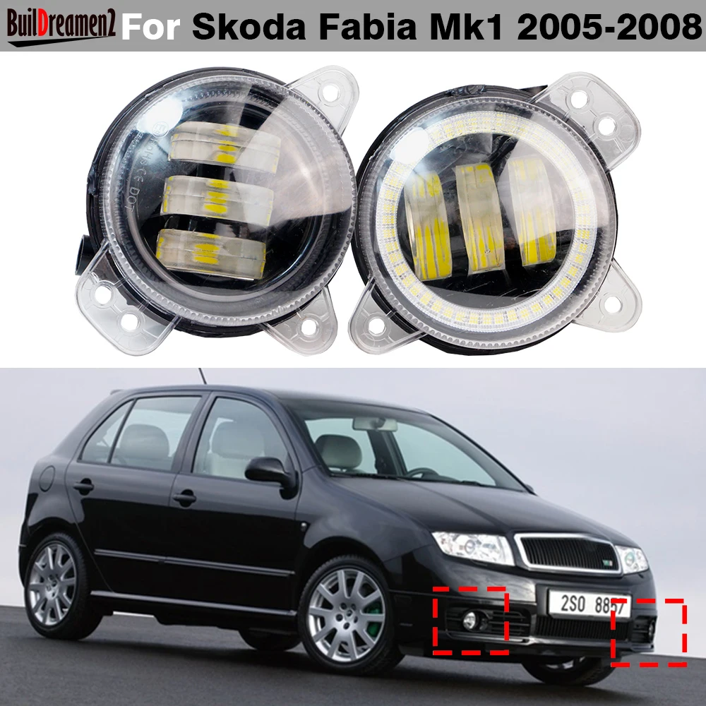 2 X Samochodowe prawe + lewe światło przeciwmgielne LED Canbus DRL Angel Eye Fog Daytime Running Lamp 9006 Dla Skoda Fabia Mk1 2005 2006 2007 2008
