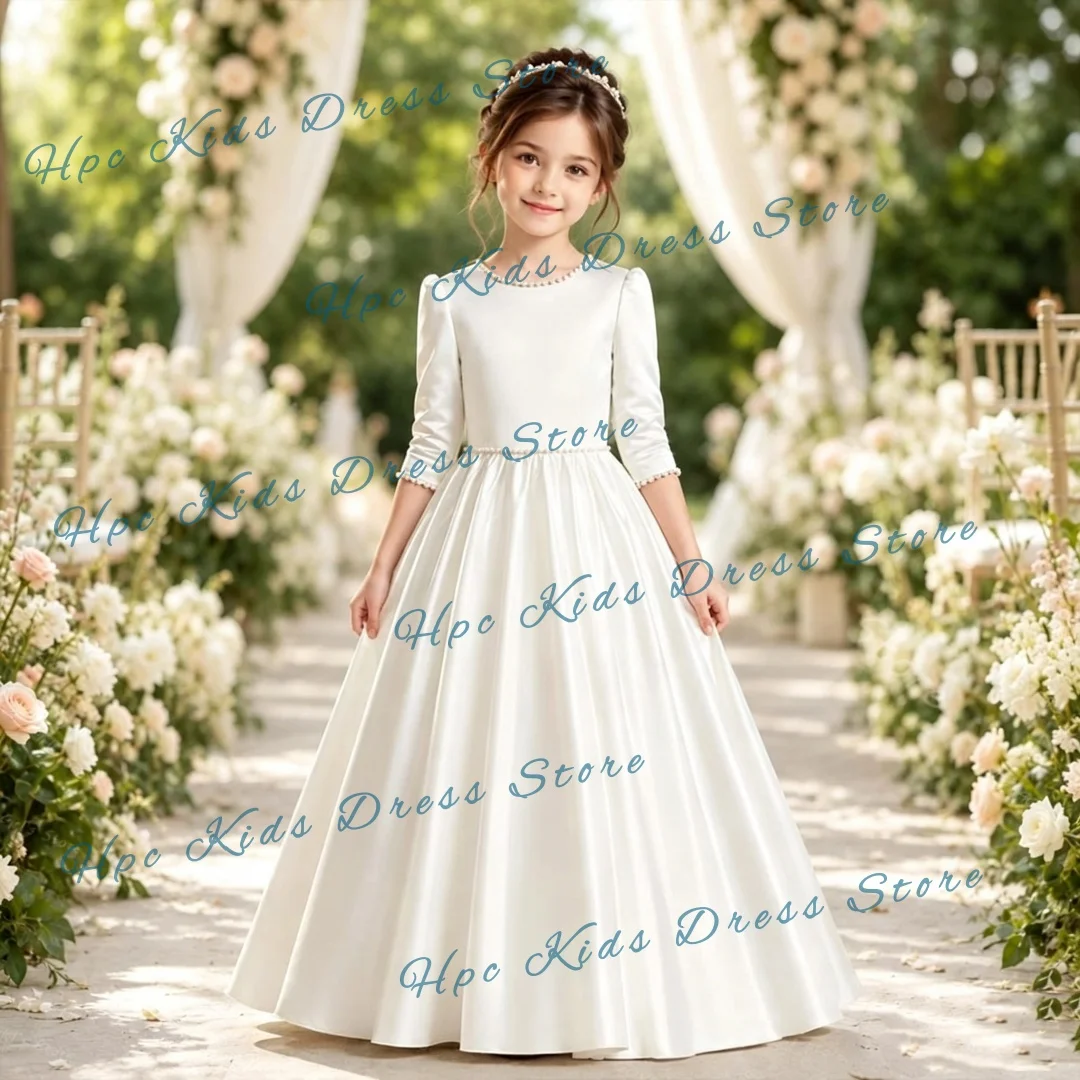 Custom White Satin Flower Girl Dress 3/4 Sleeve A-Line Gown Wedding Party Bridesmaid Formal Event
