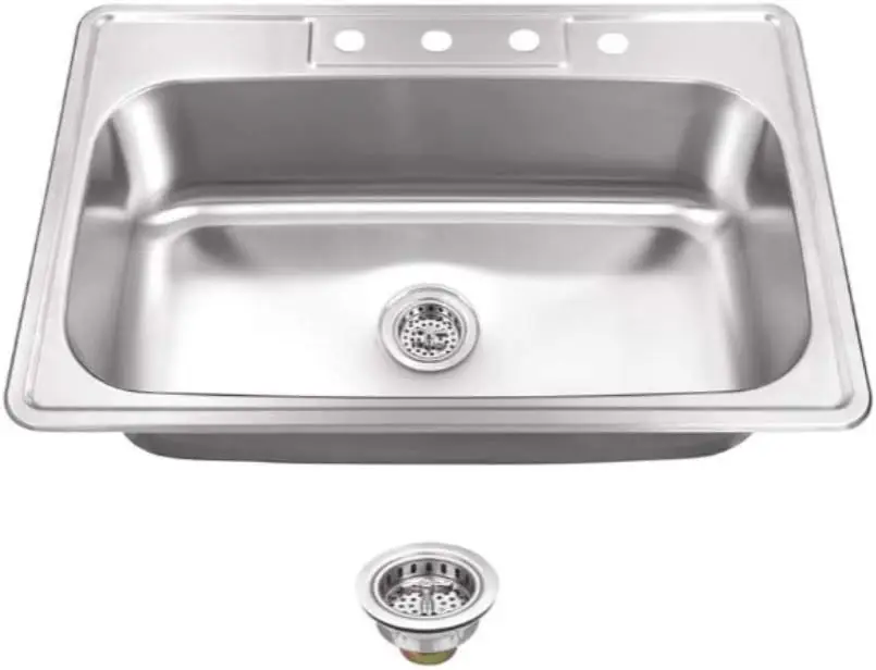 

Kitchen Sink Stainless Steel Drop In Top Mount 33" x 22" Single Bowl with Strainer, 4 hole