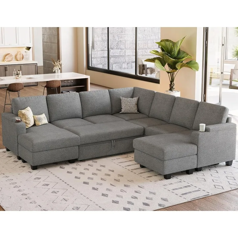 

Modular Sectional Sofa with Pull Out Couch Bed Sectional Couch Convertible Sleeper Sofa with Cup Holder. Light Gery