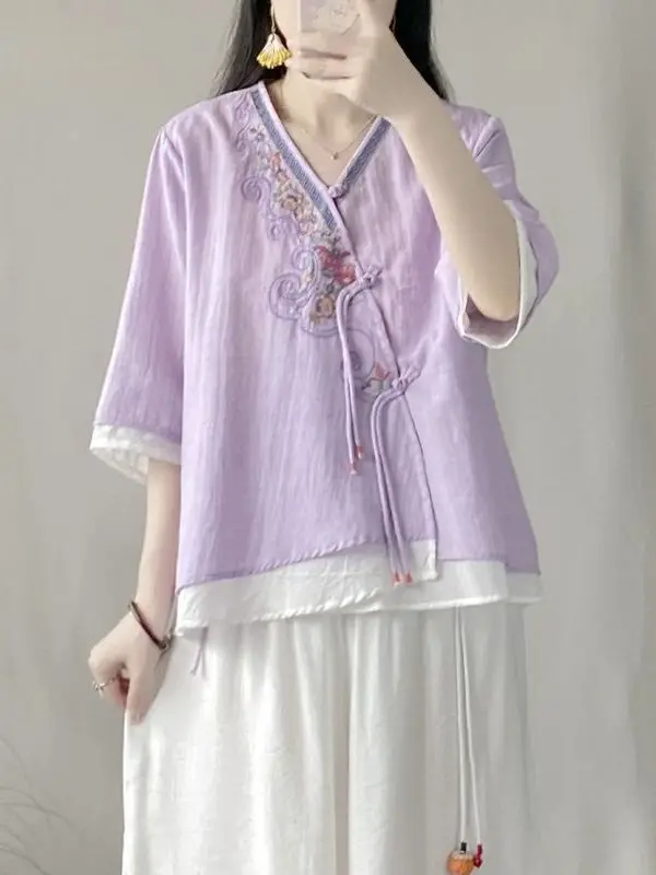 New Chinese Style Women's Cotton Linen Shirt Summer Season Button Design Traditional Hanfu Zen Tea Clothing Ethnic Trend Top