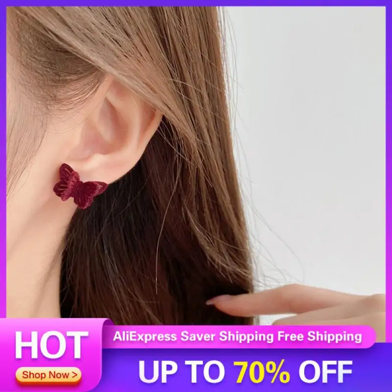 Wine Red Dangle Earrings Velvet Bow Tie Earrings New Year's Hair Ball Earrings Ear Clips S925 Silver Needles Women's Jewelry