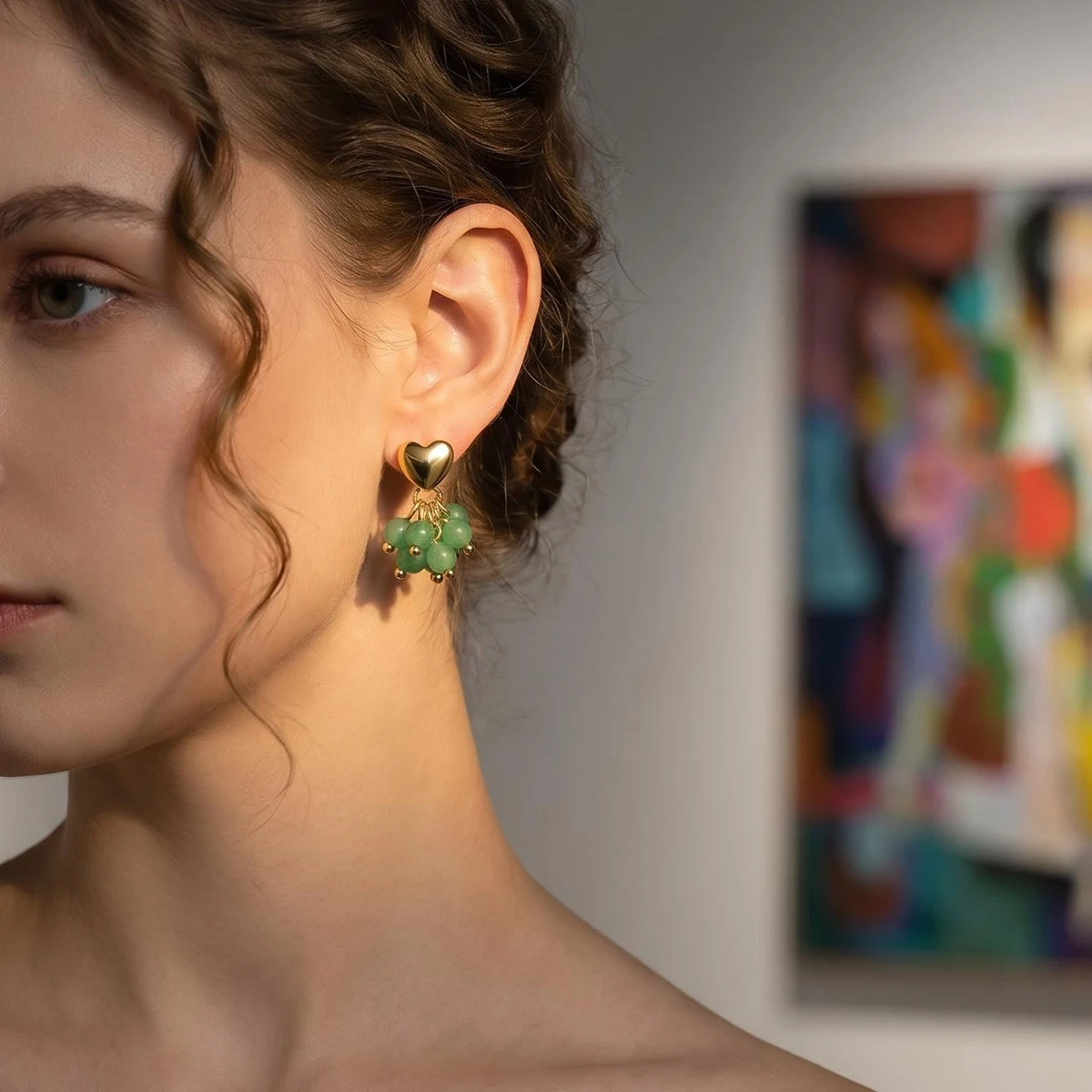316L Stainless Steel Gold Plated Heart Stud Natural Green Agate Grape Cluster Drop Earrings Waterproof Elegant Women Jewelry