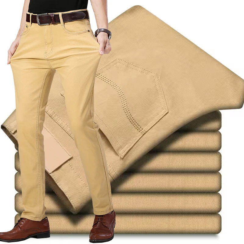 

Classic Style Men's Wine Red Khaki Jeans Fashion Business Casual Straight Denim Stretch Trousers Male Brand Pants