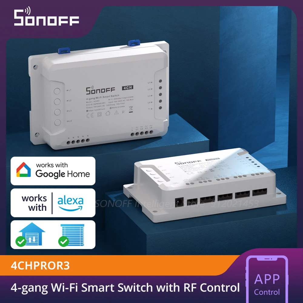 SONOFF 4CHPROR3 4 Gang WiFi Smart Switch 433 MHZ RF Remote Control Smart Module DC & AC Input eWeLink APP Control Support Alexa