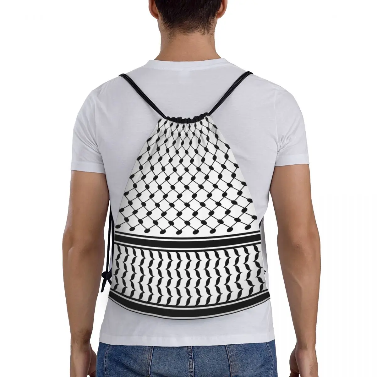 Custom Arabic Keffiyeh Traditional Pattern Drawstring Backpack Sports Gym Bag for Women Tatreez Embroidery Art Training Sackpack