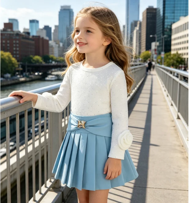 Girls' Suit 2026 Spring and Autumn New Children's Wear Girls' Baby Three-dimensional Flower Top Bow Pleated Skirt Two-piece Set
