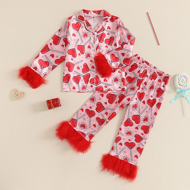 

Kids Girls Valentine's Day Pajamas Set Heart Print Long Sleeve Shirts Tops Long Pants Satin 2 Pieces Lounge Suit Sleepwear