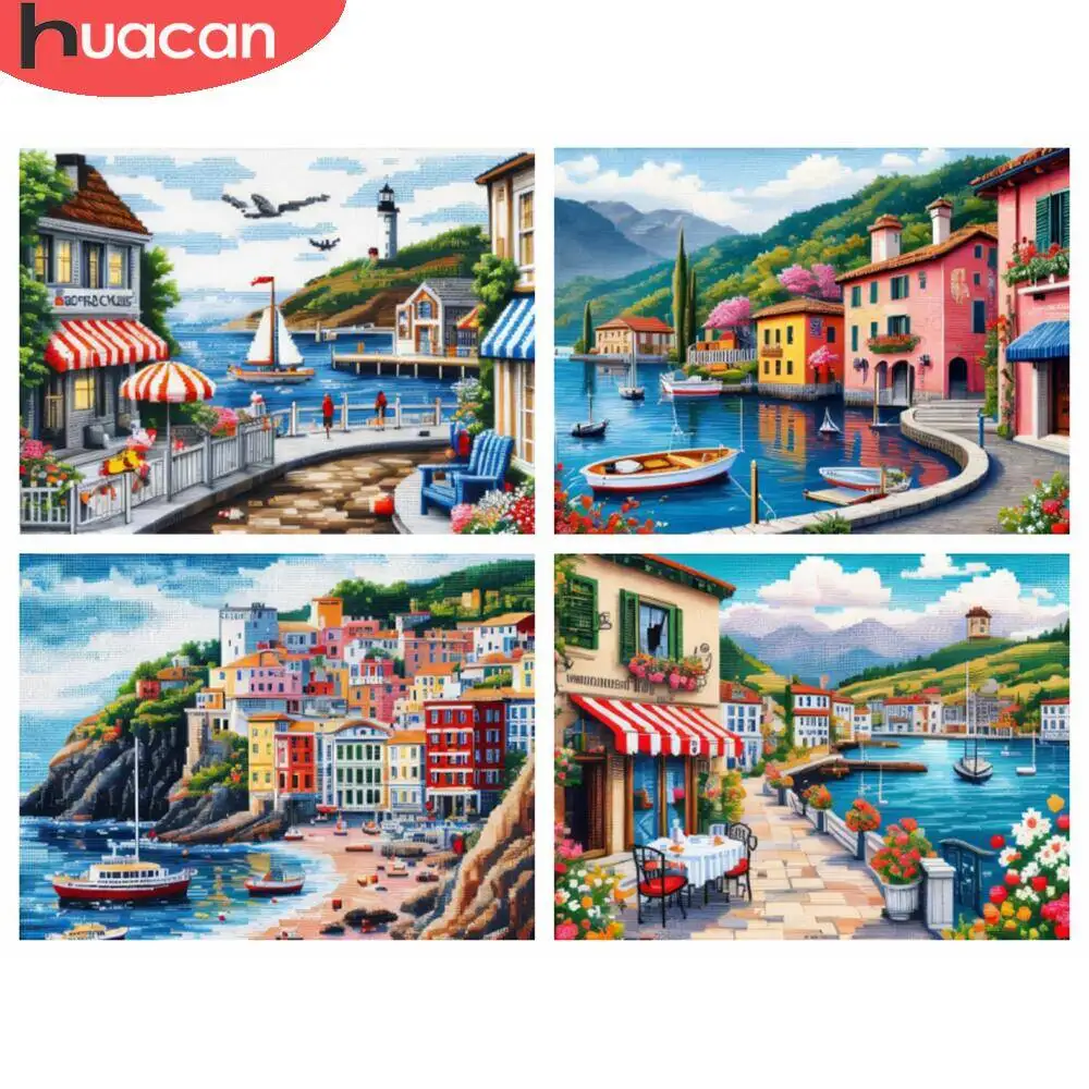 HUACAN Ev Nakış Kiti Kasaba Manzara El Yapımı Hobi Zanaat Seaport Resim Baskılı 11Ct Çapraz Dikiş Limanı