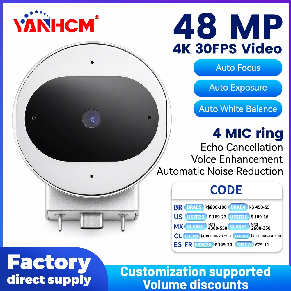 YANHCM 48MP Video conferencing camera HD 1080P 4K 30FPS with Microphone USB TYPE-C Driver-free Autofocus For Surface Hub 3