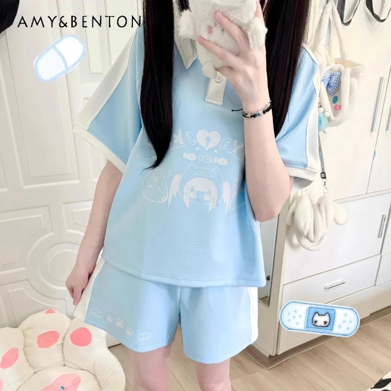 2024 New Japanese Outfits Summer Polo Collar Sport Casual Cute Blue And White Colored Cartoon Short Sleeved Shorts Suit For Girl