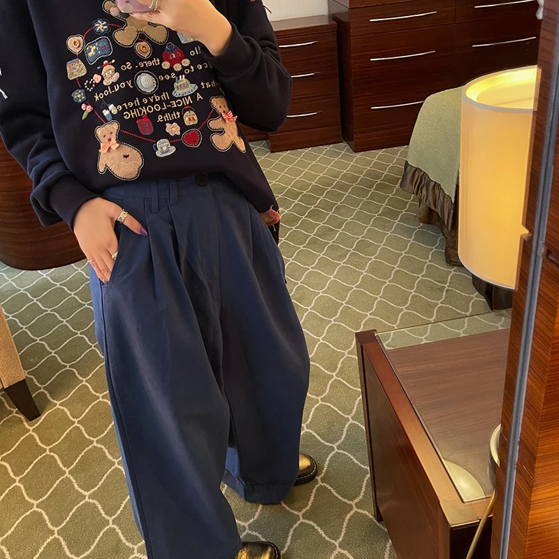 

Брюки VIMAS из ярко-синего хлопка с широкими штанинами в стиле ретро, японские повседневные брюки, женские брюки для работы, летняя коллекция