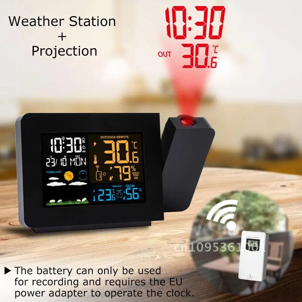 FanJu Digital Alarm Projection Weather Station LED Temperature Humidity Table Forecast Weather Clock Snooze With Time Clock