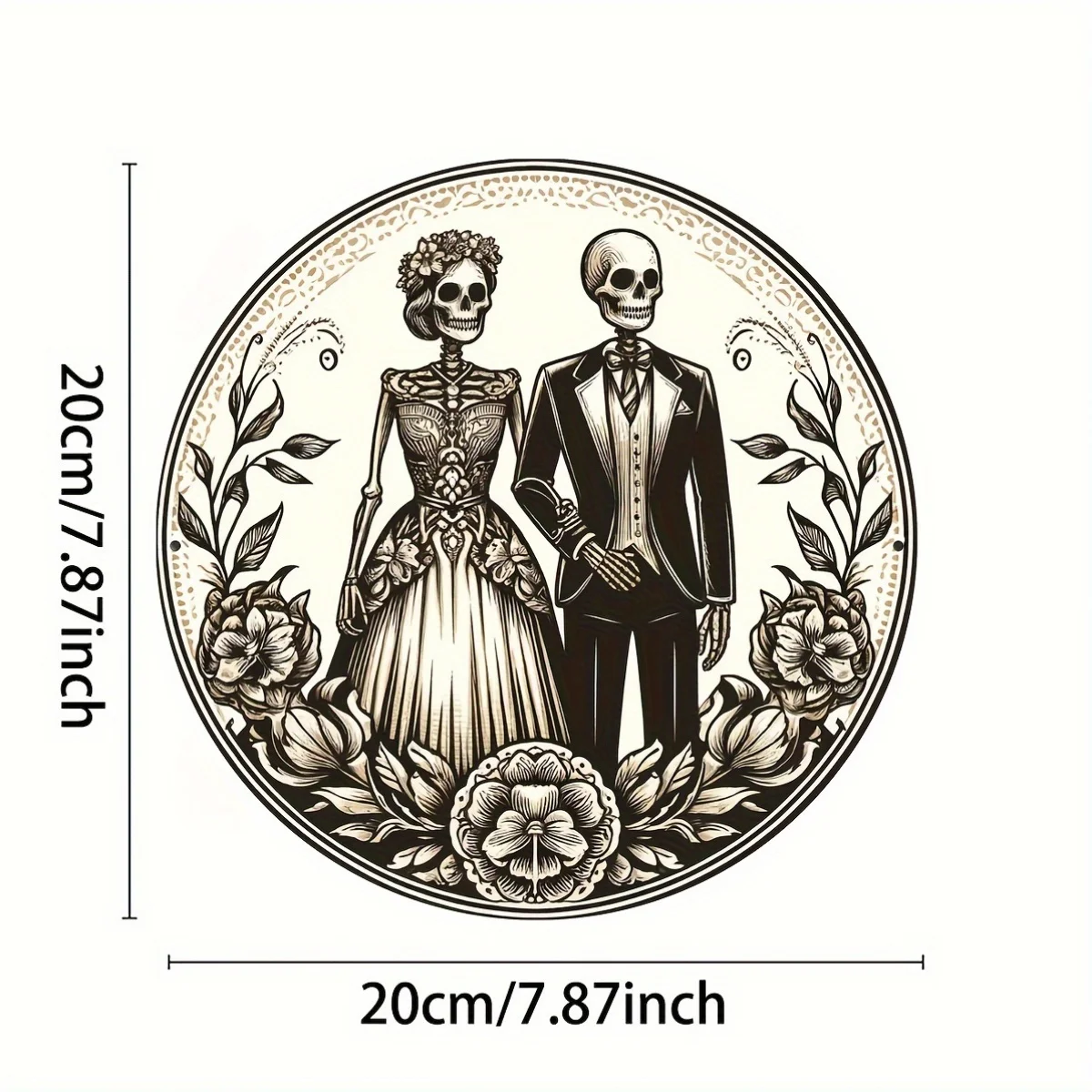 1pc 8 X 8 Inch Charming Gothic Skeleton Couple Wreath Sign - Aluminum, Ivory Frame Design for Halloween And Day of The Dead Deco