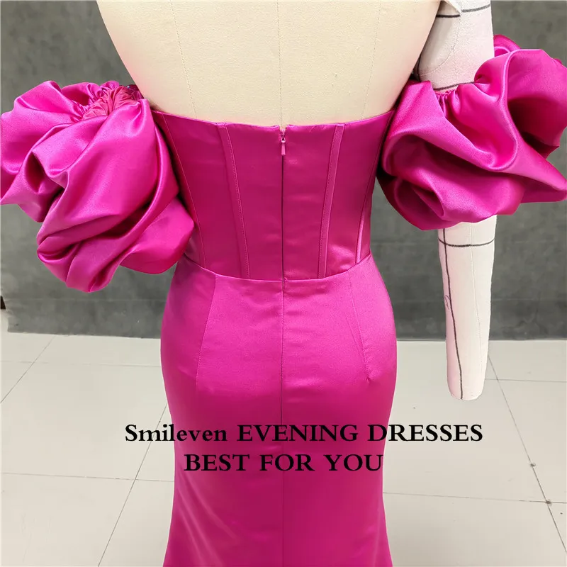 Smileven Hot Pink Sweetheart Neck Evening Dresses Satin Prom Dresses Side Split Arabic Special Occasion Dresses Party Gowns