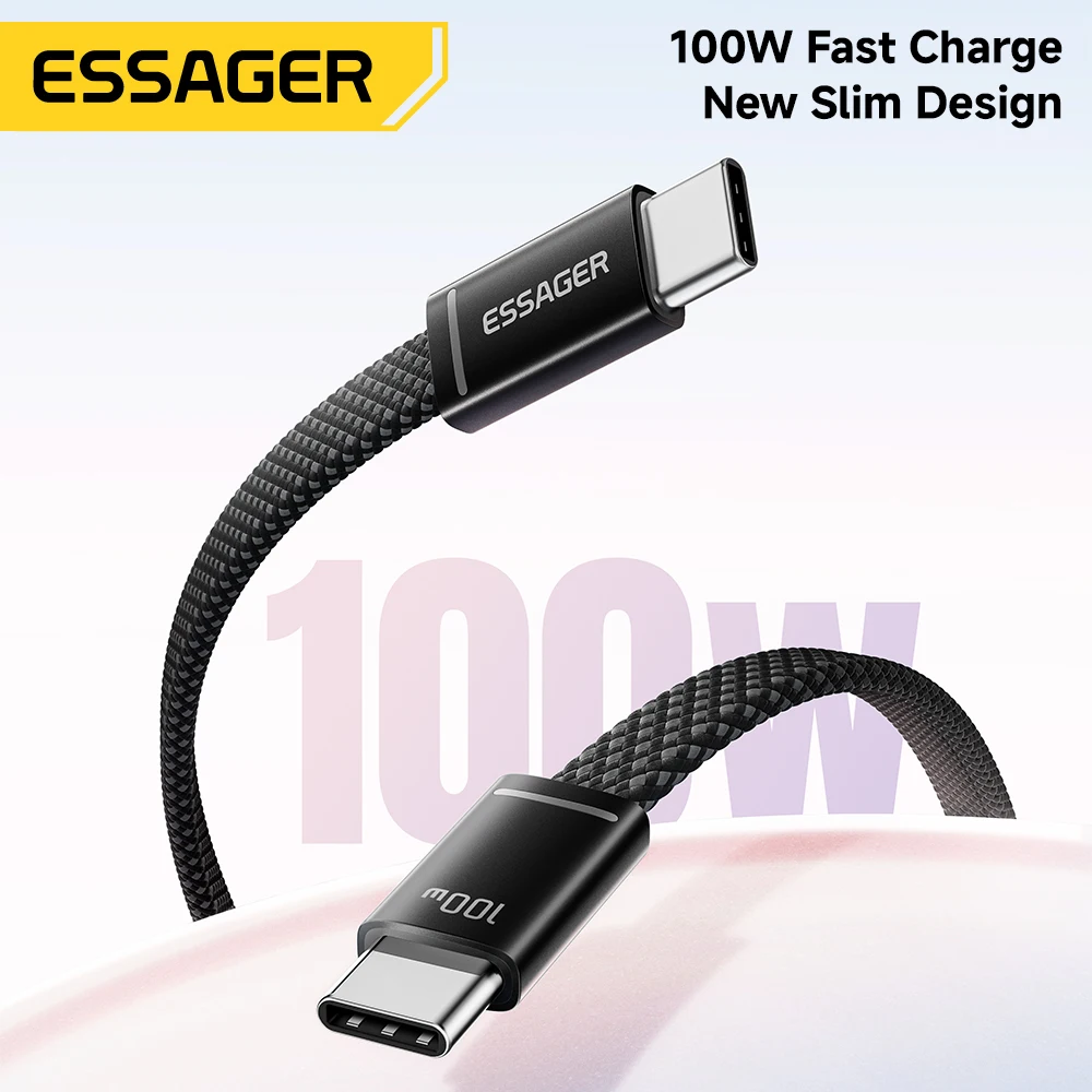 ESSAGER 100W USB C To Type C Slim Cable 5A PD Fast Charging for MacBook iPhone 17 16 Pro Max iPad Xiaomi Laptops USB-C Data Cord