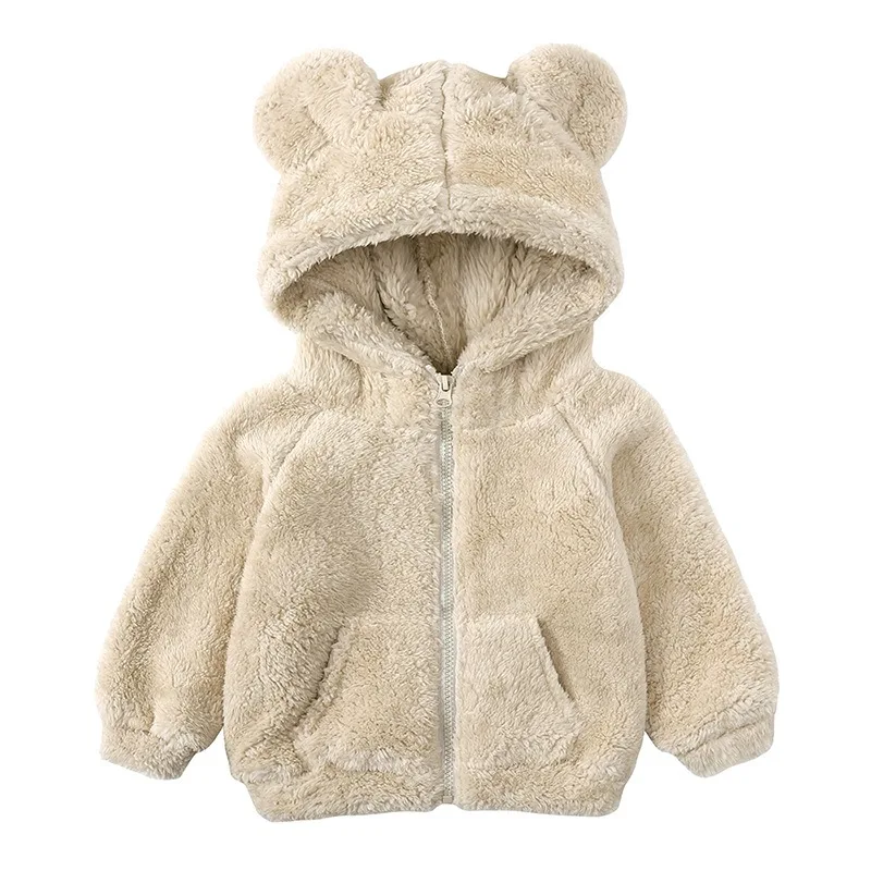 

2025 Winter Kids Coats Baby Boy Girl Clothes Solid Thicken Fleece Hoodies Bear Sweatshirt Tops Warm Jacket Children Outwear