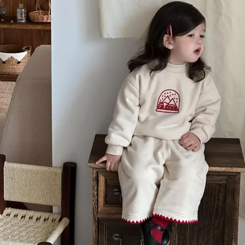 

2025 Winter New Kids Girls Warm Clothes Set Children Thick Fleece Casual Sweatshirt + Pants 2pcs Suit Baby Toddler Outfits