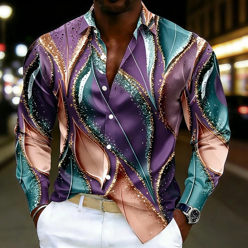 Men Turn‑down Collar Shirt Long‑sleeve Bright‑toned Curved‑leaf Sparkle‑decor Graphic Print Button‑front Evening Urban Blouse