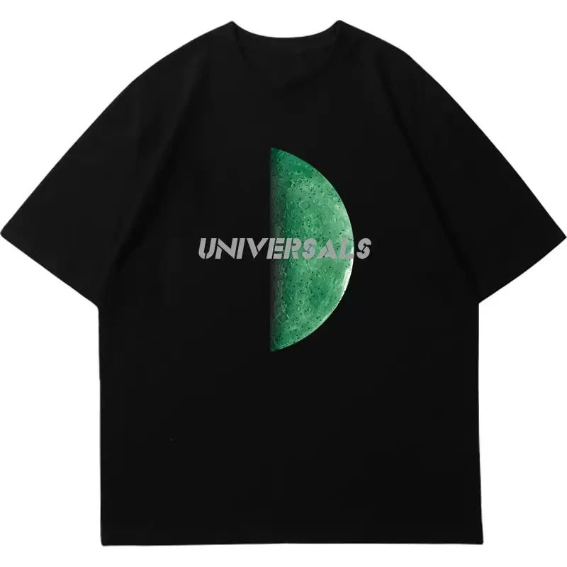 

Summer Fashion Print Short-sleeved T-shirt Y2K Men's Black American Loose Trendy Brand Half-sleeved Top