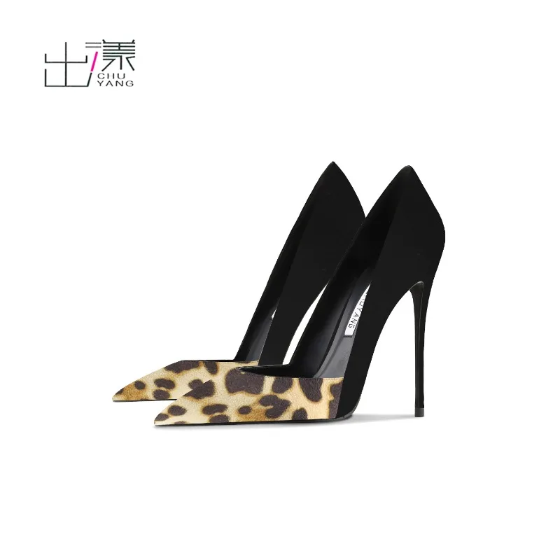 

Leopard print suede color blocked high heels with pointed toes, thin heels, shallow mouth, versatile temperament, single shoe