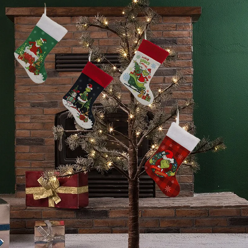 Nuova decorazione dell\'albero di natale verde Grinch calzini natalizi regali di natale per bambini decorazioni per sedie calzini grandi sacchetti di