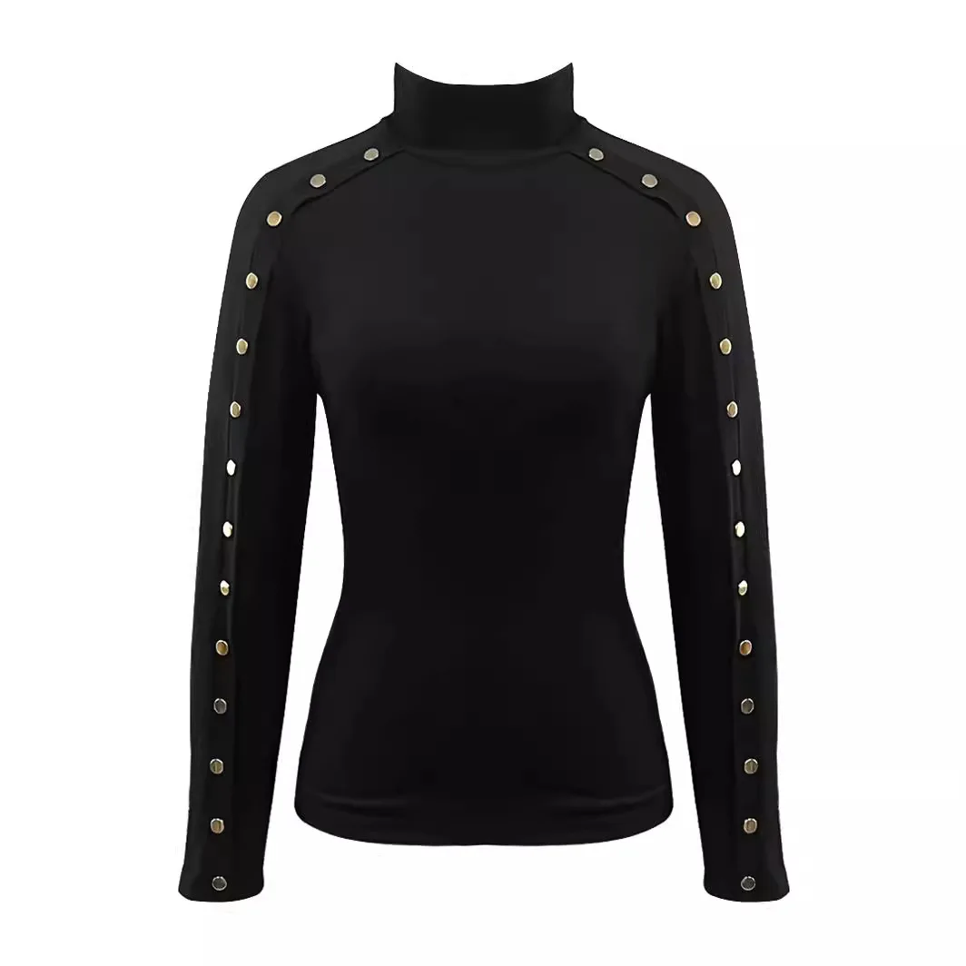 

Women's clothing, women's fashion, leisure, daily solid color long sleeved spiked T-shirt top thirt shirt femme