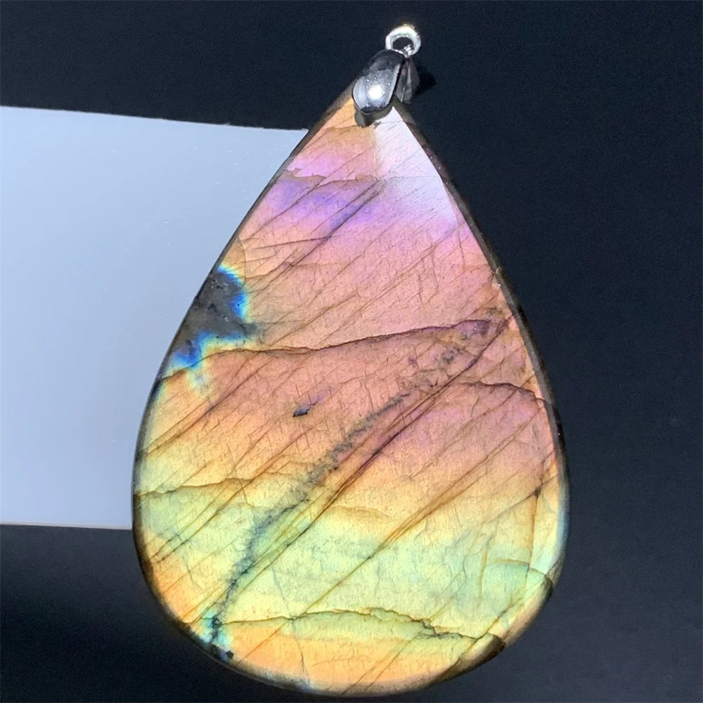 Natural Yellow Pink Light Labradorite Waterdrop Pendants for Women Colorful Rainbow Light Labrador Stones Necklaces 925 Silver