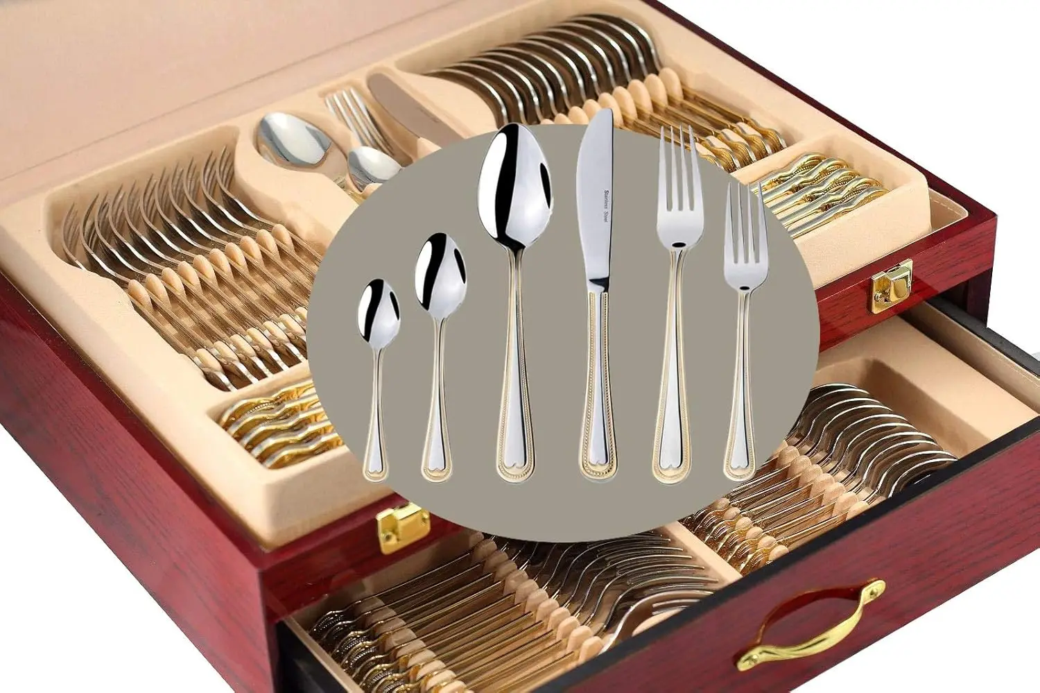 Venezia Collection Gold Flatware Serving Set for 12, 75-Pc Luxury Dining Silverware Cutlery Service, 24 Kt 18/10 Premium Surgica