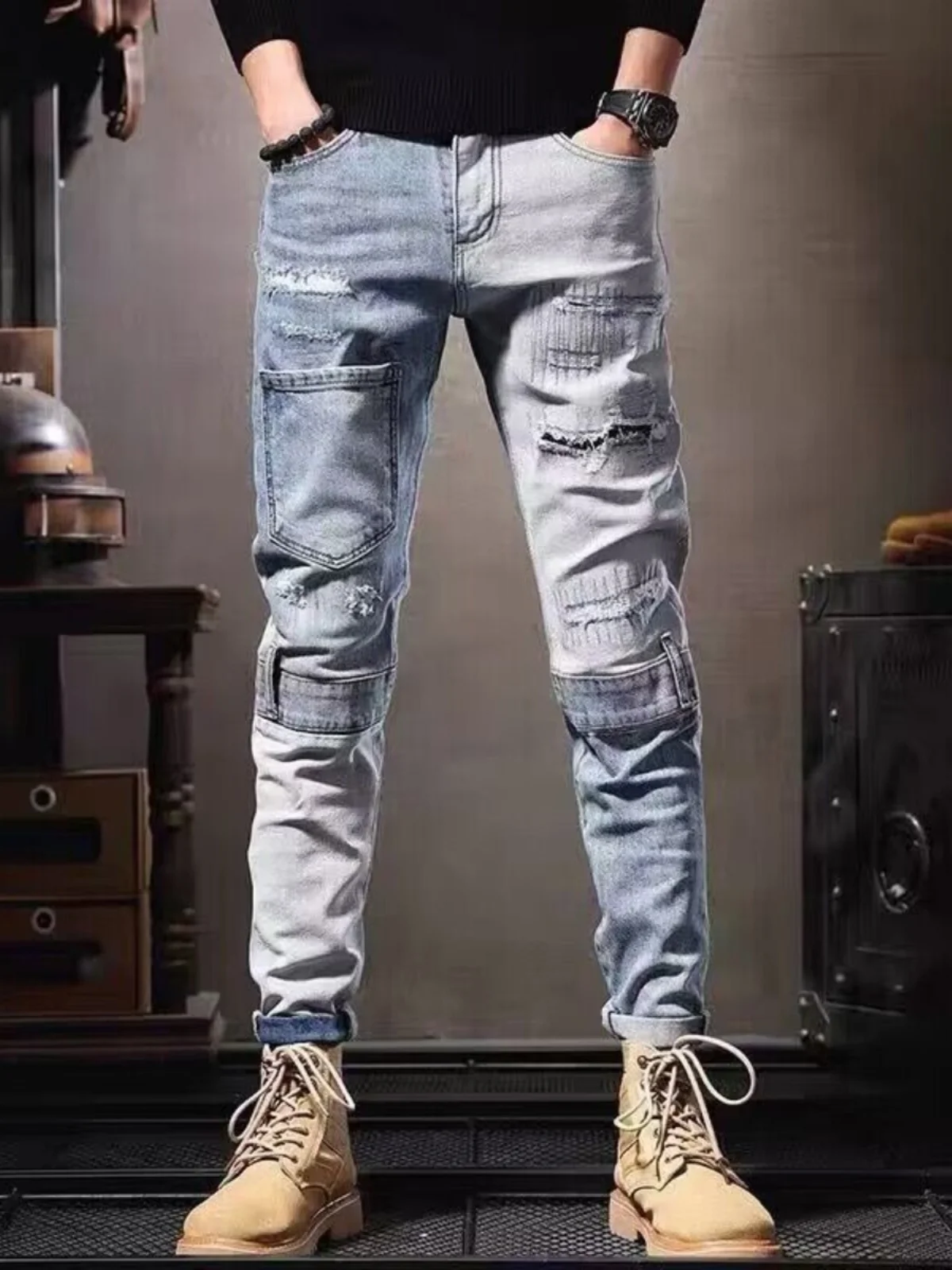 

Мужские джинсы в стиле ретро с американским пэчворком, облегающие, эластичные, прямые, повседневные, весна-осень, модные, брендовые