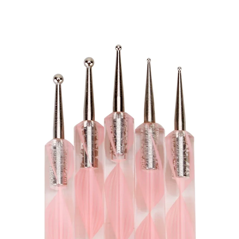 5Pcs 2 Way Nail Art Acrylic Silicone Point Flower Nail Pen Stainless Steel Dotting Tools Marbleizing Painting Pens