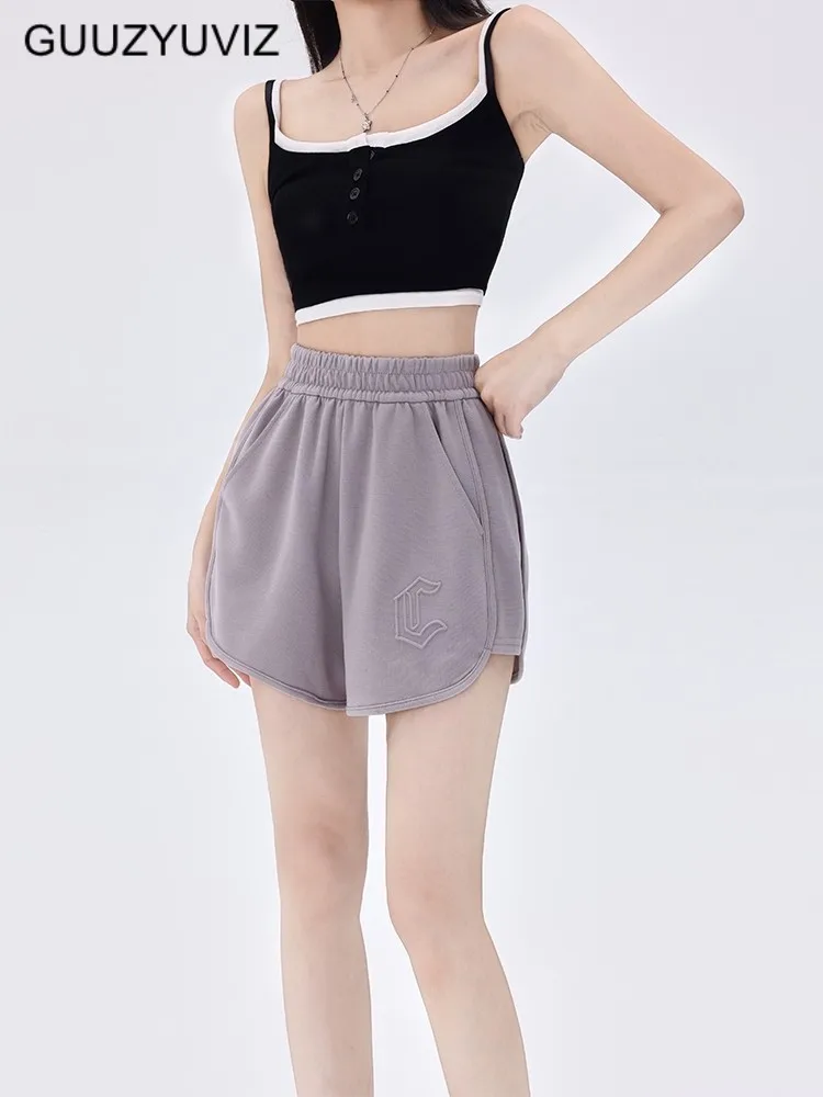 

GUUZYUVIZ Letter Embossed Embroidery Shorts Women Solid Casual Sports Wide Leg Shorts Loose Wide Leg Soft Comfortable