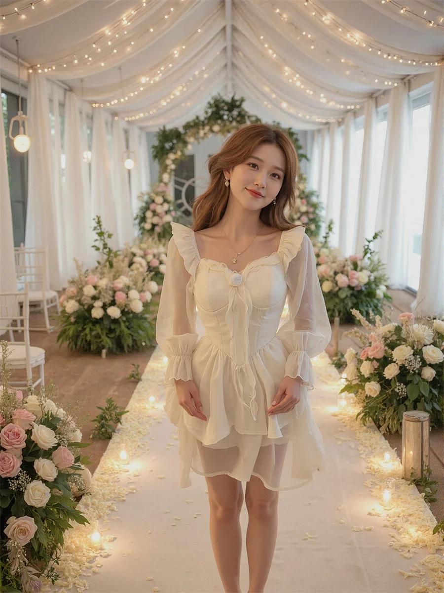 여성용 흰색 드레스 A라인 리본 단색 봄 플레어 소매 브이넥 루즈핏 오버사이즈 반오픈 터틀넥 프린트 실키