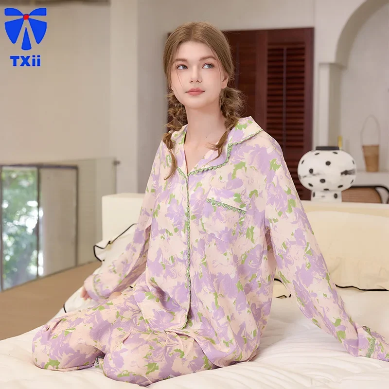 Fashion pajamas Breathable and Comfortable Home Clothes Printed Pajamas Women's Long Sleeve Set Can be worn outside Sleepwear