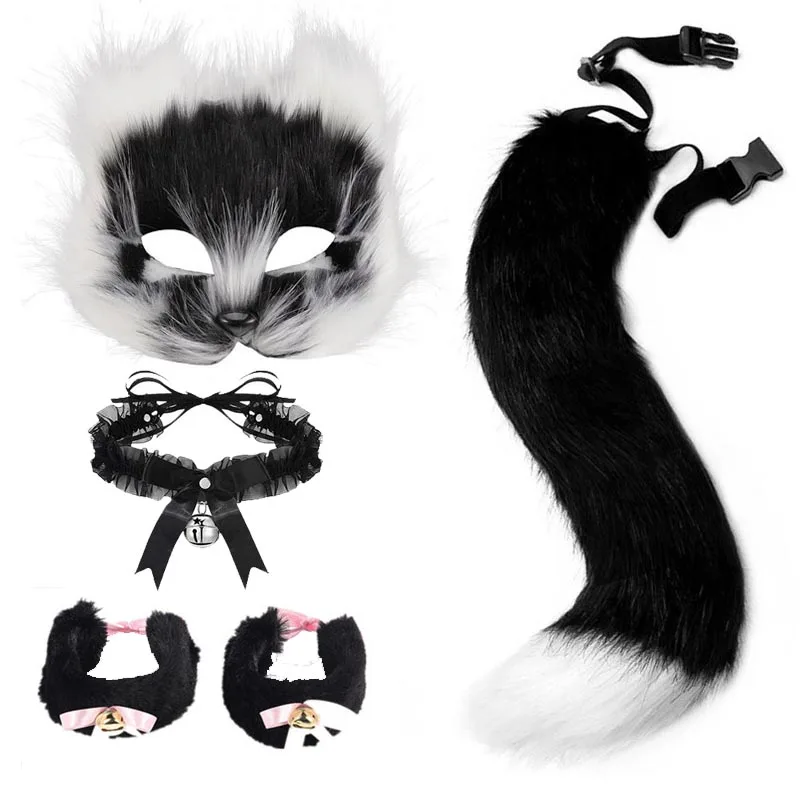 Cute Faux Fur Fox Tail Cat Wolf Cosplay Set Plush Mask Fluffy Paw Gloves for Halloween Christmas Party Plush Props Accessories view 2