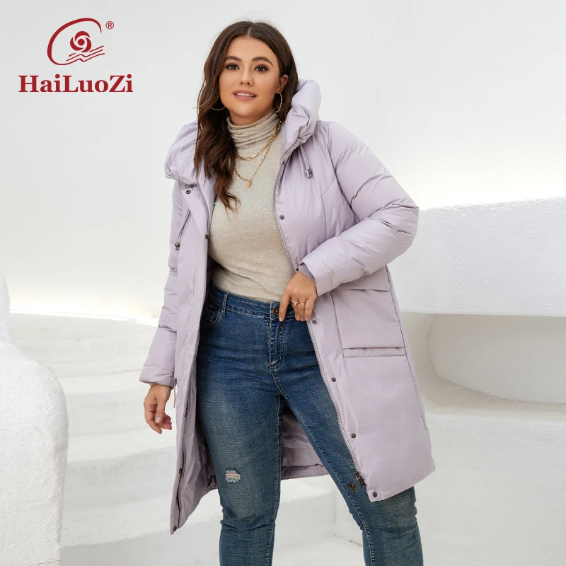 Imagem -02 - Hailuozi 2023 Cabolsas de Inverno Feminino Gola Alta Acolchoado Quente Grandes Bolsos com Capuz Zíper Moda Feminina Parkas Jaquetas Femininas 6026