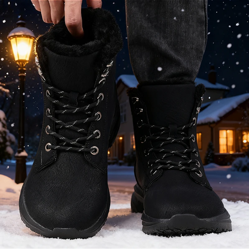 

Unisex Winter Barefoot Shoes Womens Men Wide Toe Box Faux Fur Lined Ankle Boots New Artificial Leather Lace Up Platform Sneakers