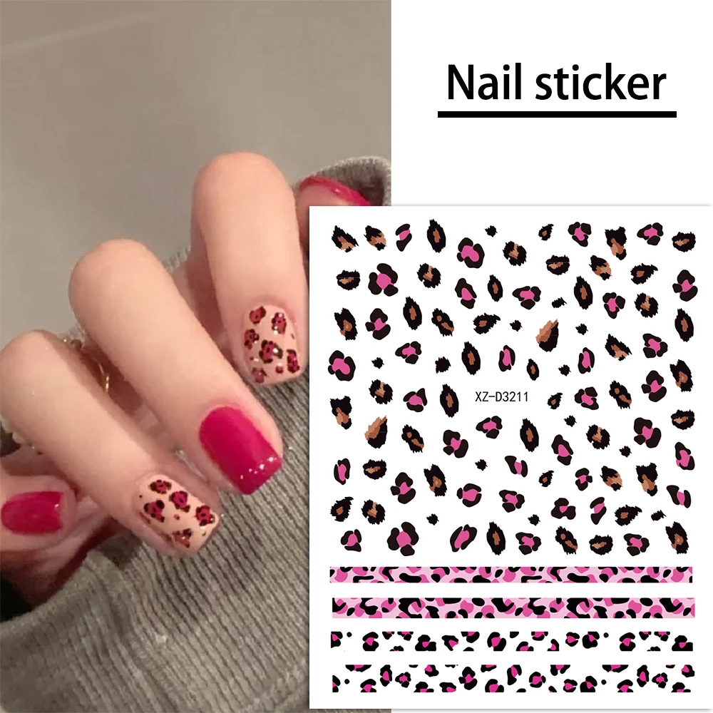 1 stks sexy luipaard 3d nail art stickers bruin wild dier textuur/voetafdruk zelfklevende transfer prints roze strik manicure sticker