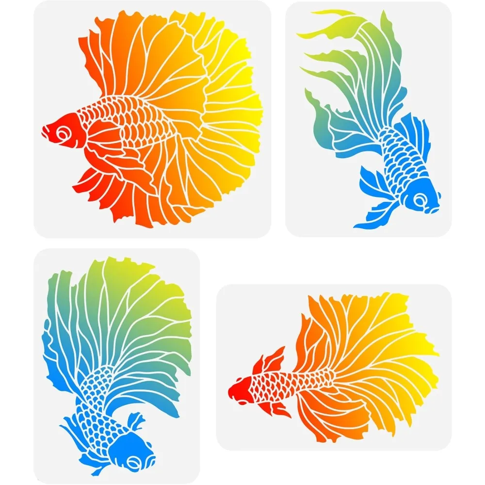 4 Stück, 4 Stile, PET-Schablonen zum Ausstechen, Zeichnen und Malen für DIY-Scrapbook-Fotoalben, Fischmuster, Fischmuster, 297–300 x 210–300 mm