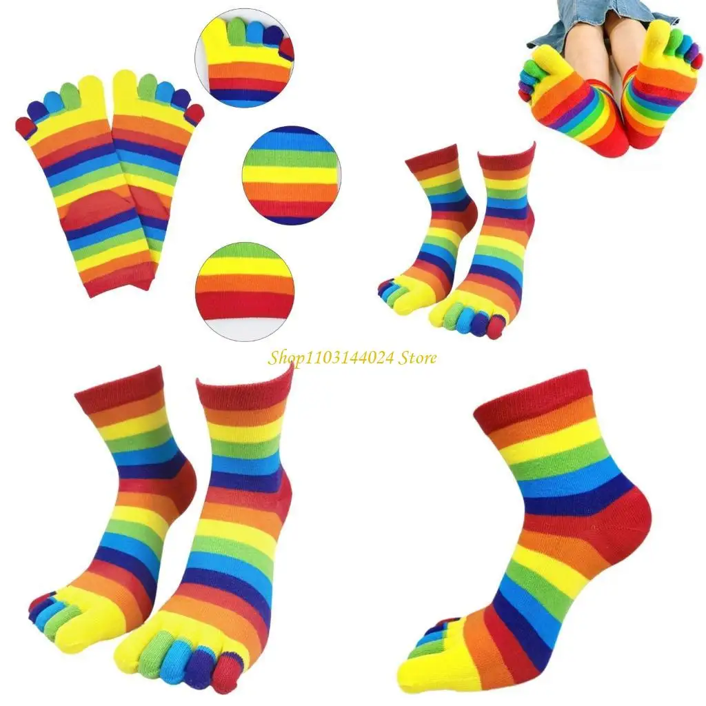 

N5KE Winter Fall Breathable Cotton Anklet Socks Women Harajuku Rainbow Striped Toe Separator Five Finger Middle Tube Socks