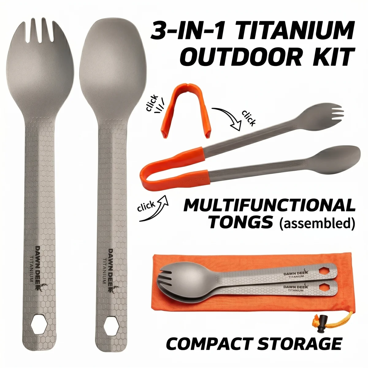 DAWN DEER 3-in-1 Titanium Spork Spoon Camping Utensils Set Long Handle Backpacking Cooking Tongs Outdoor Hiking Travel Tableware