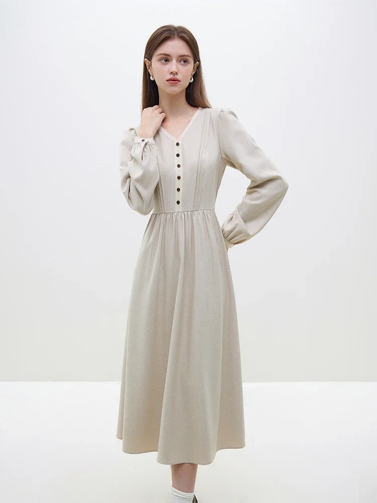 FSLE Ladylike Style V-neck French Retro V-neck Dress for Women Autumn and Winter New Slim Temperament A-line Skirt for Female