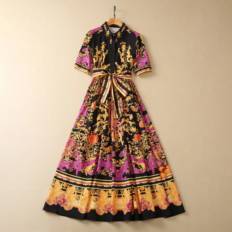 

uropean and American women's clothes 2023 summer new Short sleeve studded lapel fashion Belt Vintage Print Pleated Dress