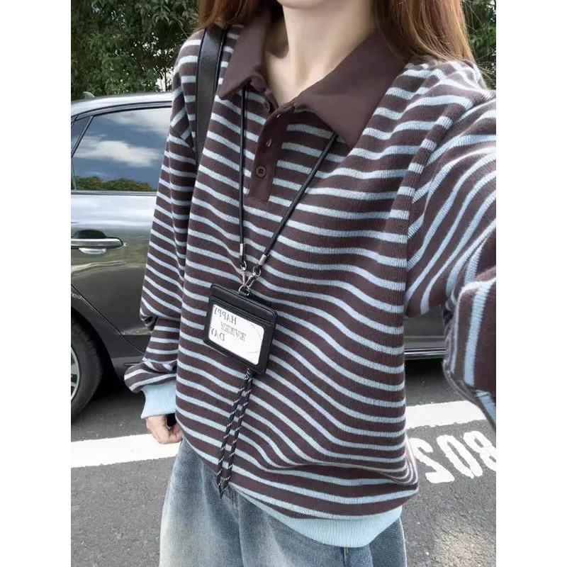 الكورية نمط Preppy طوق مخطط البلوز المرأة الخريف الرجعية تنوعا كتلة اللون فضفاضة عادية كم طويل سترة علوية